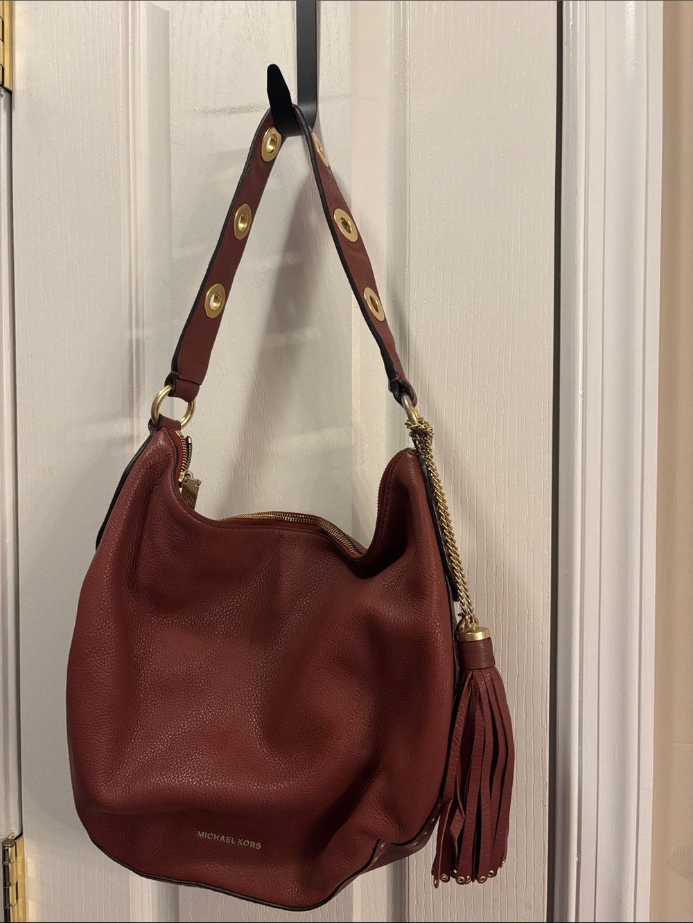 Michael Kors Burgundy Leather Shoulder Hobo with Tassel